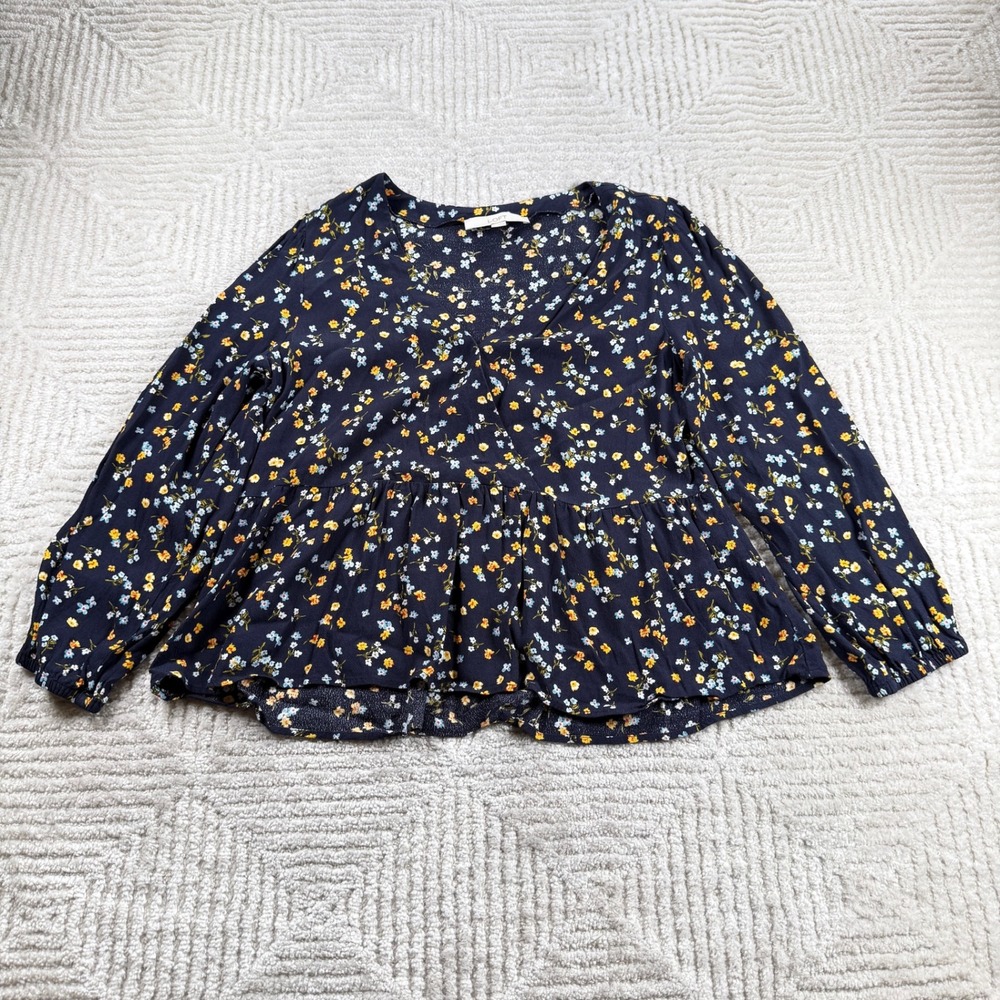 LOFT Peplum Blouse Women's Small Navy Blue Floral Ditsy Cottagecore Boho Summer